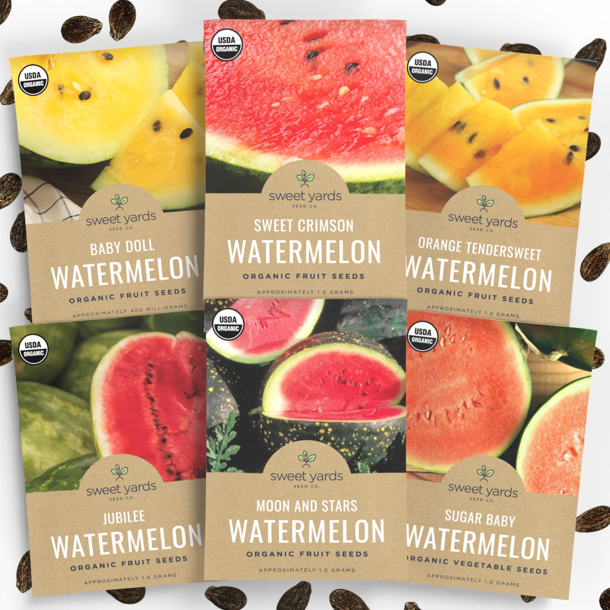 Sweet Yards organic watermelon seed pack collection for home gardens.