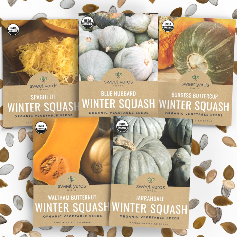 Sweet Yards Organic Winter Squash Pack cover for indoor/outdoor planting.
