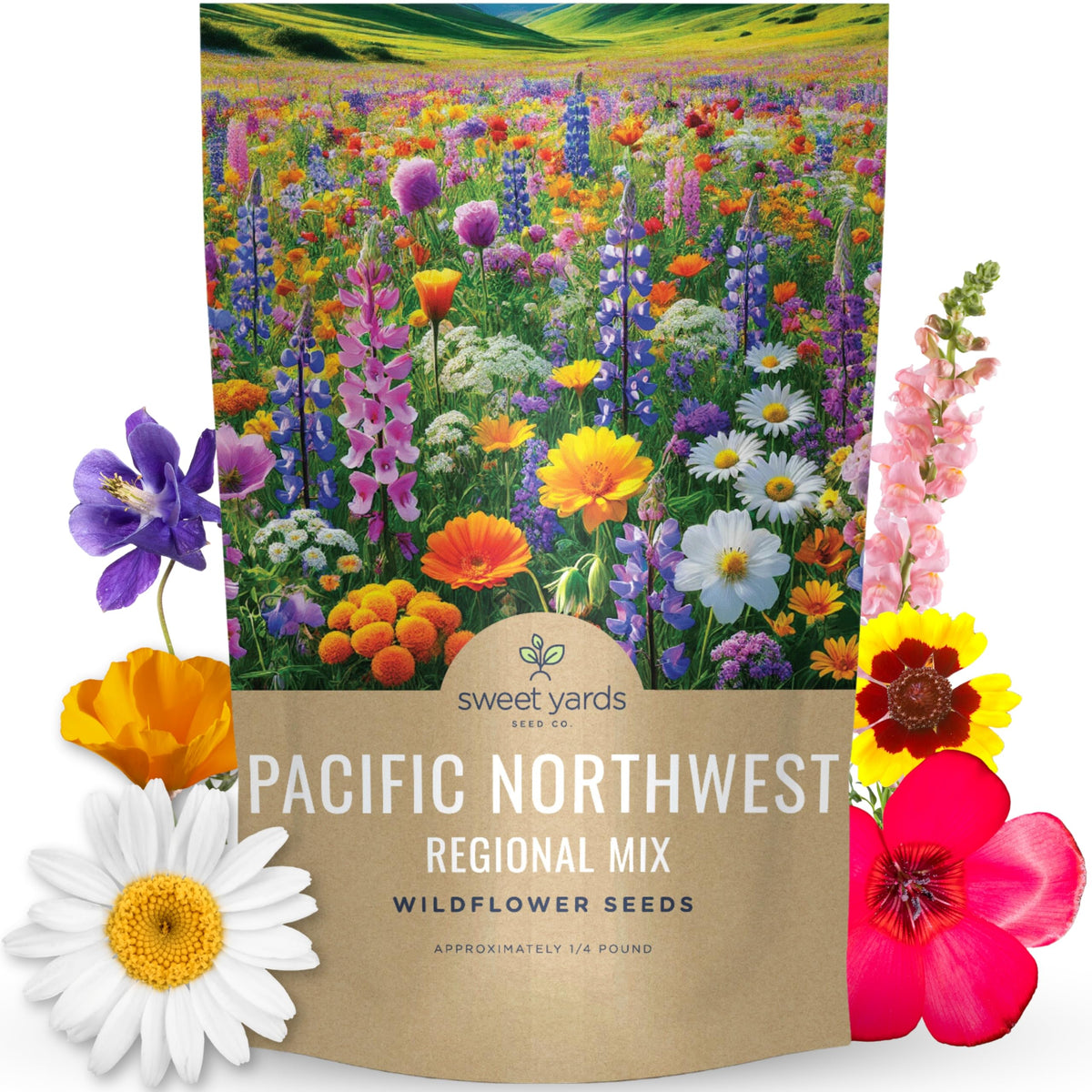 Sweet Yards Pacific Northwest Mix seed pouch ready for planting to attract pollinators.