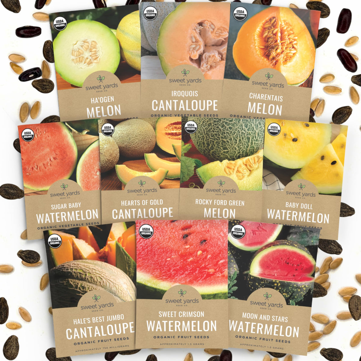 Sweet Yards packaging for melon seeds pack, storage-friendly design.