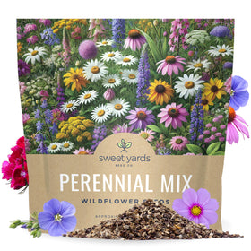 Sweet Yards perennial wildflower seeds 1oz packaging showing premium storage and planting instructions