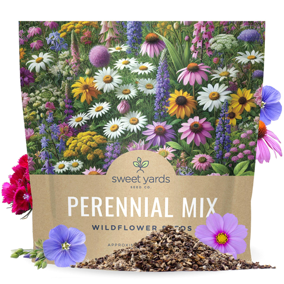Sweet Yards perennial wildflower seeds 1oz packaging showing premium storage and planting instructions