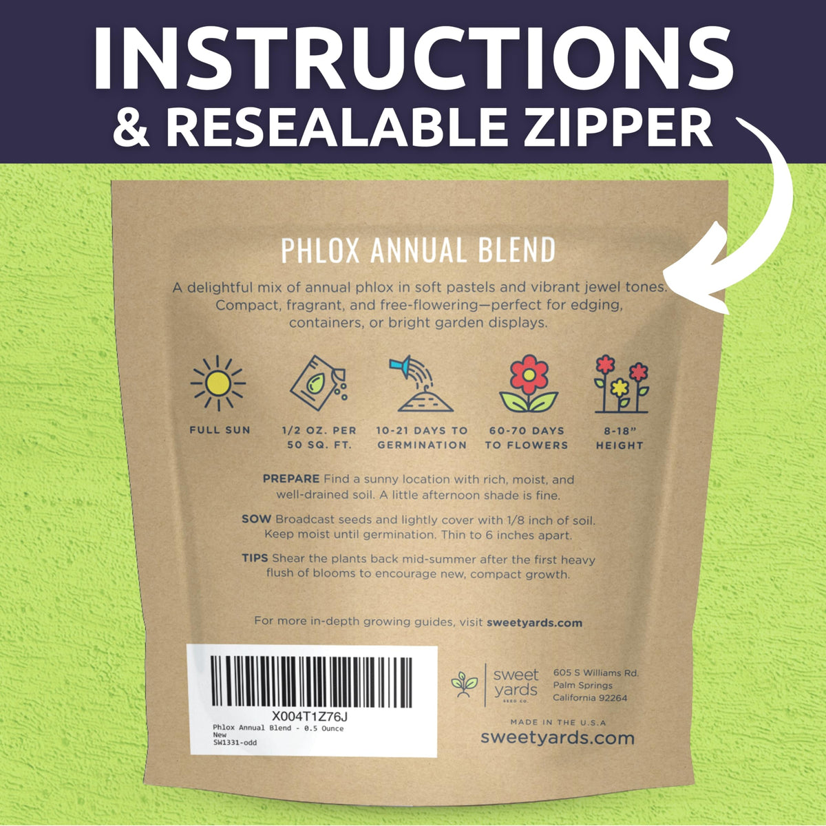 Sweet Yards Phlox premium gift packaging with reusable zipper