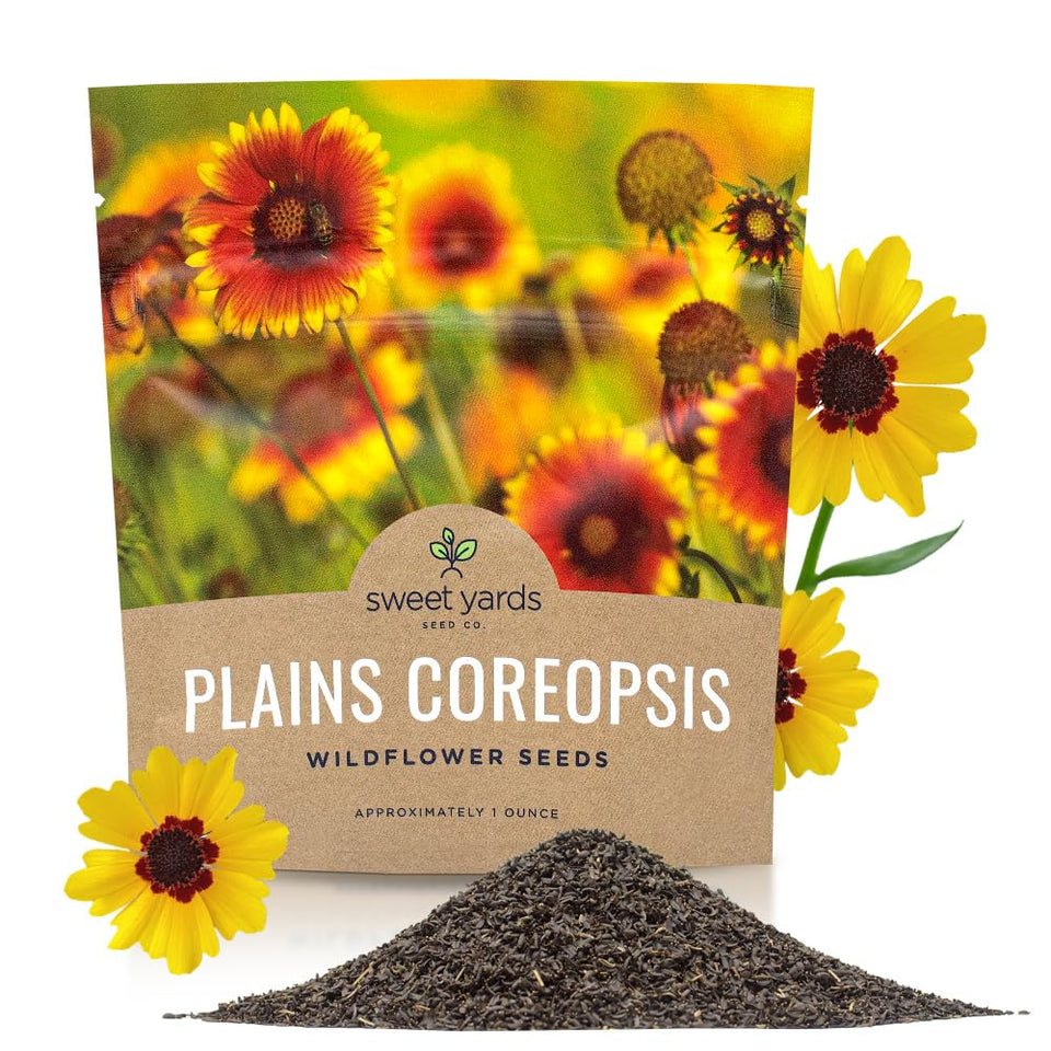 Sweet Yards Plains Coreopsis seed packet with abundant seeds for large plantings.