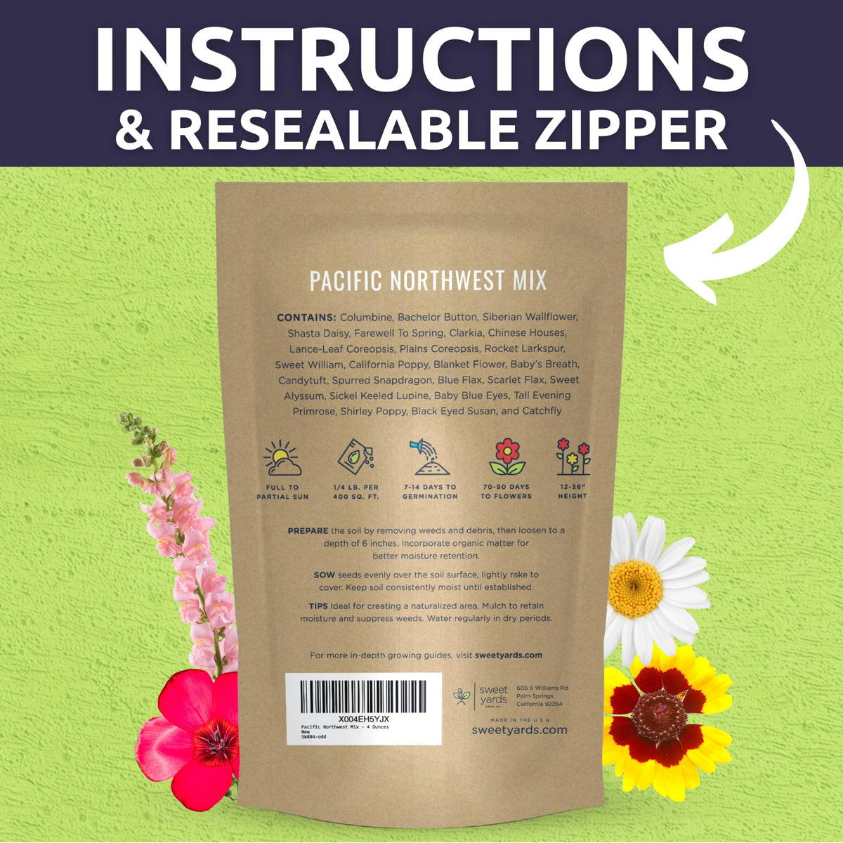 Sweet Yards premium seed packaging protects freshness and includes planting instructions.