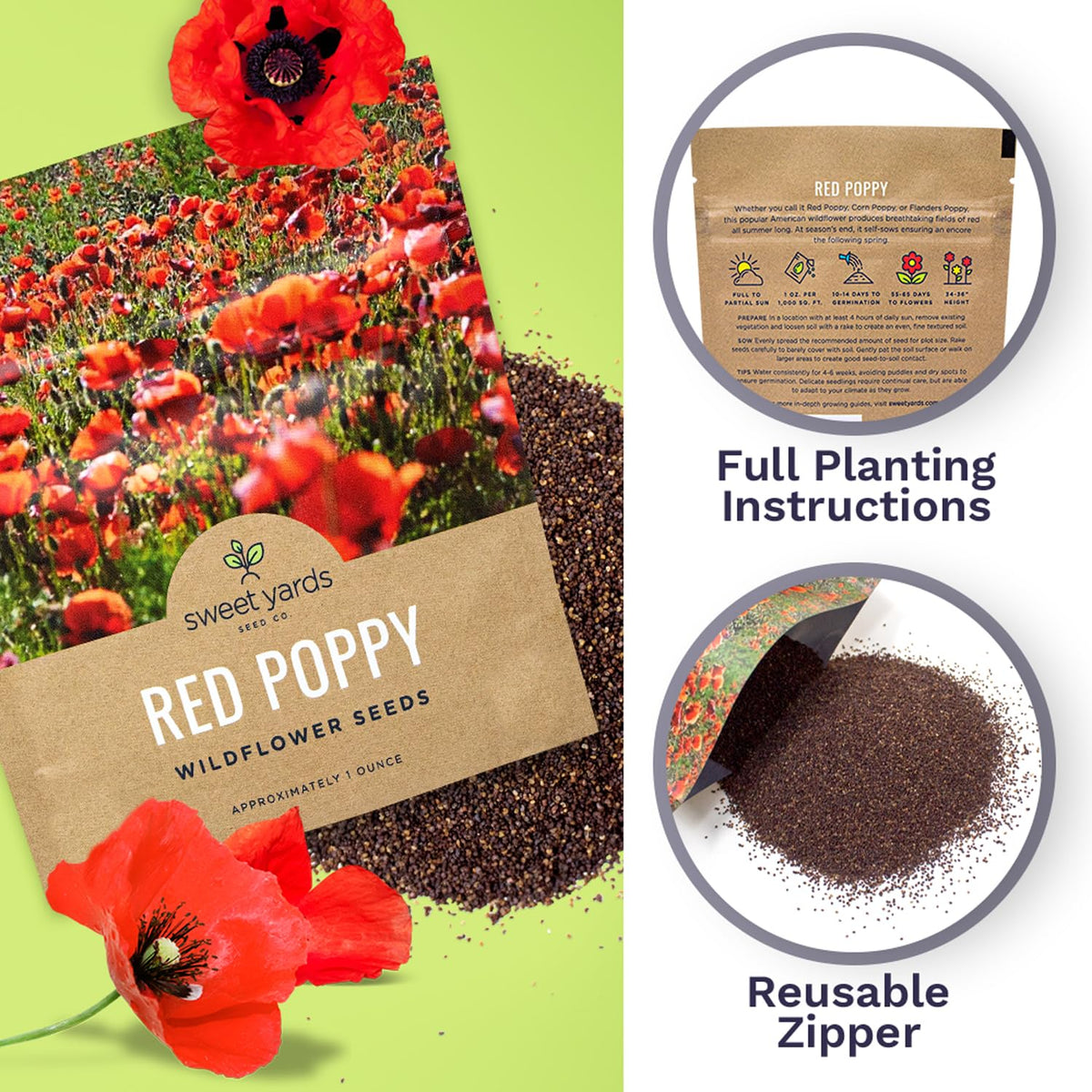 Sweet Yards premium packaging with resealable zipper and planting instructions.