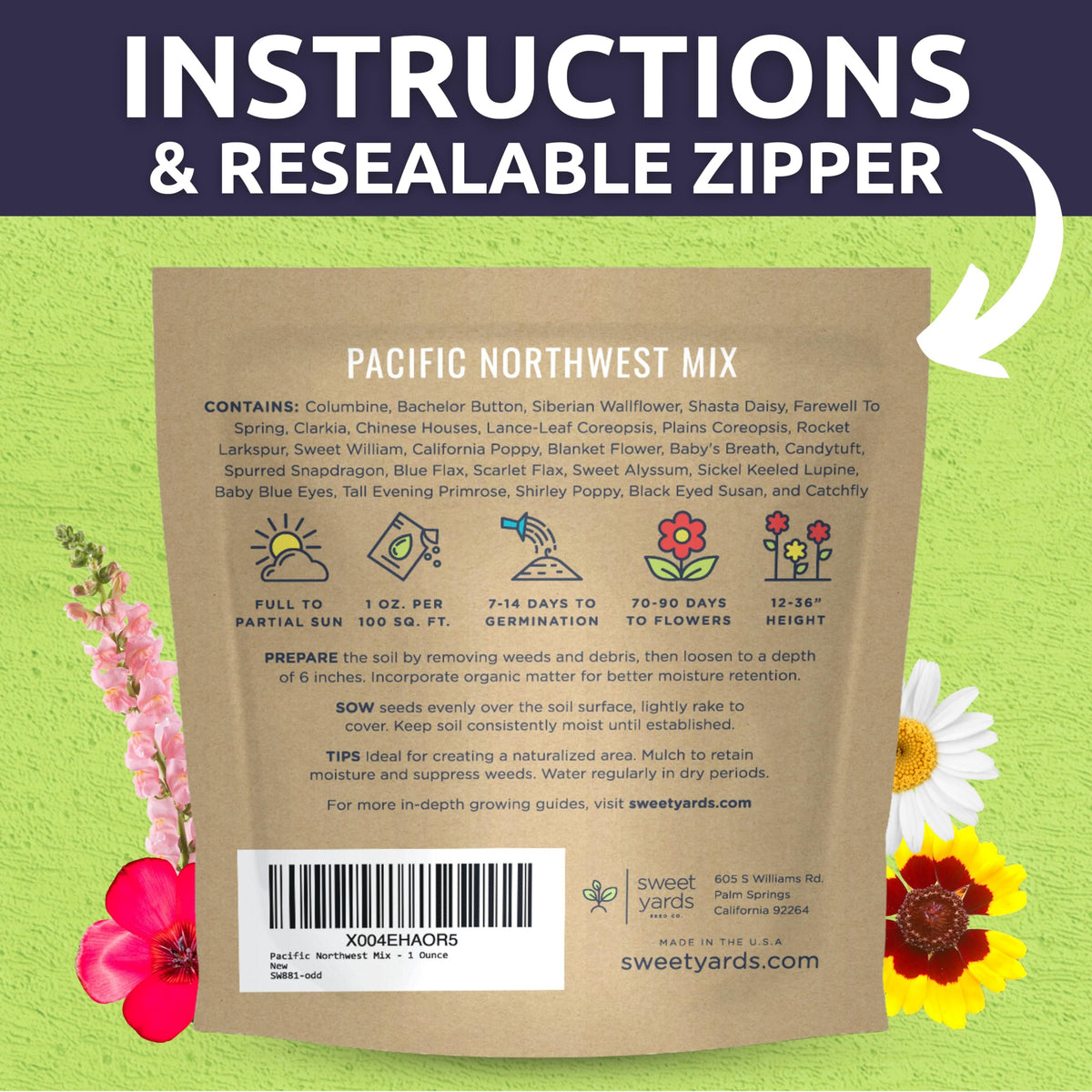 Sweet Yards premium packaging with instructions and resealable zipper for storage.