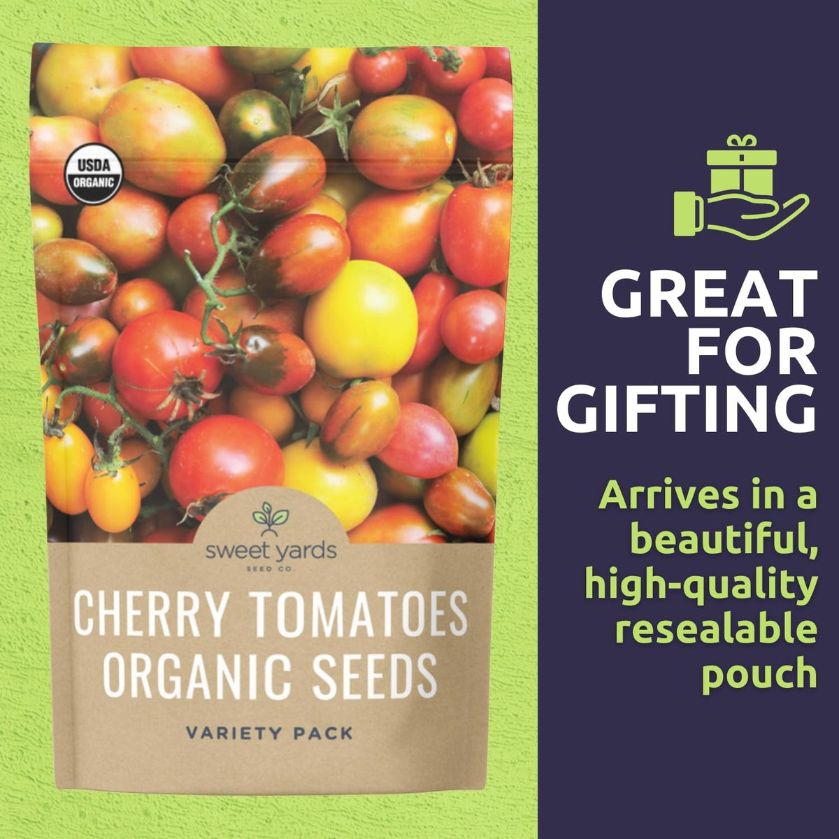 Sweet Yards Premium seed packaging communicates care and convenient storage.