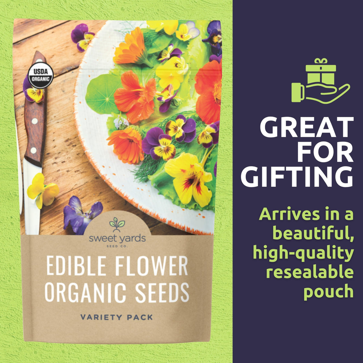 Sweet Yards premium seed packets with reusable zipper for storage