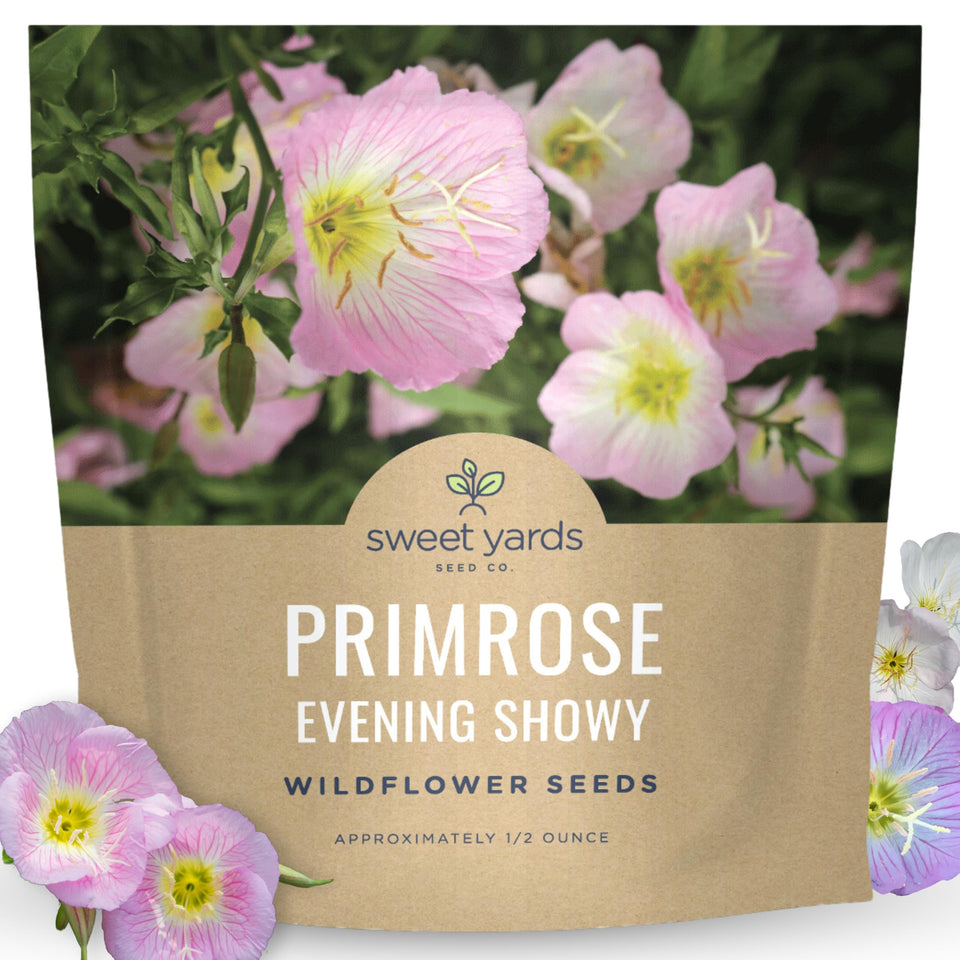 SWEET YARDS Primrose Evening Showy seed packet for large-area planting