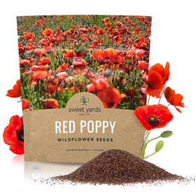 Sweet Yards red poppy seeds packet for gardening with vibrant blooms.