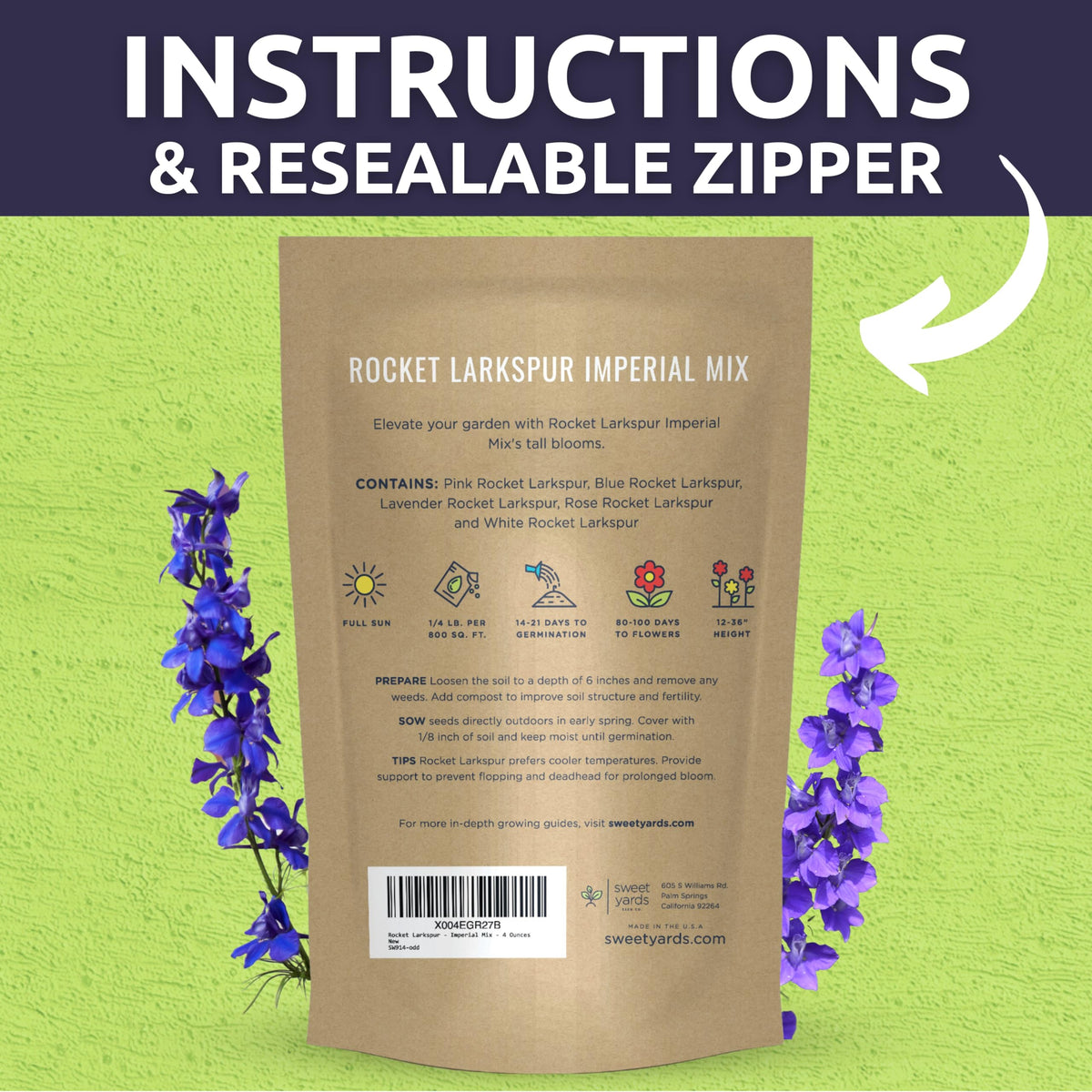 Sweet Yards Rocket Larkspur Imperial Mix invites bees and butterflies to garden beds.
