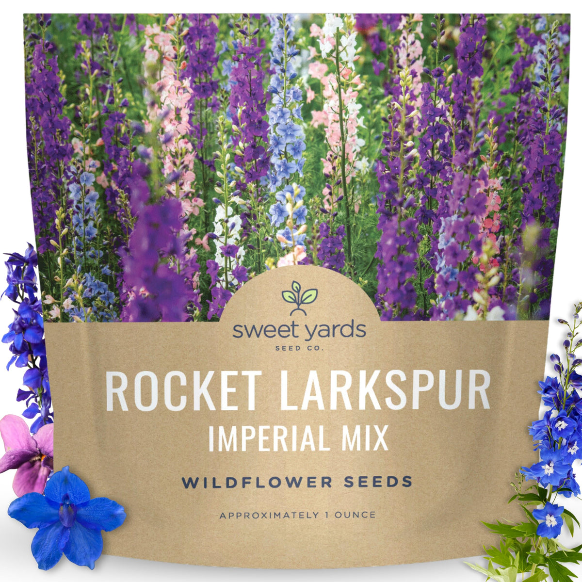 SWEET YARDS Rocket Larkspur Imperial Mix seed packet ready for planting and a large seed quantity