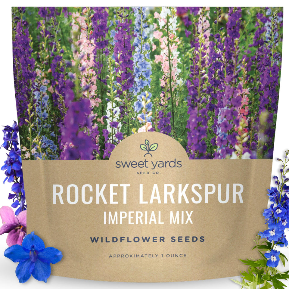 SWEET YARDS Rocket Larkspur Imperial Mix seed packet ready for planting and a large seed quantity