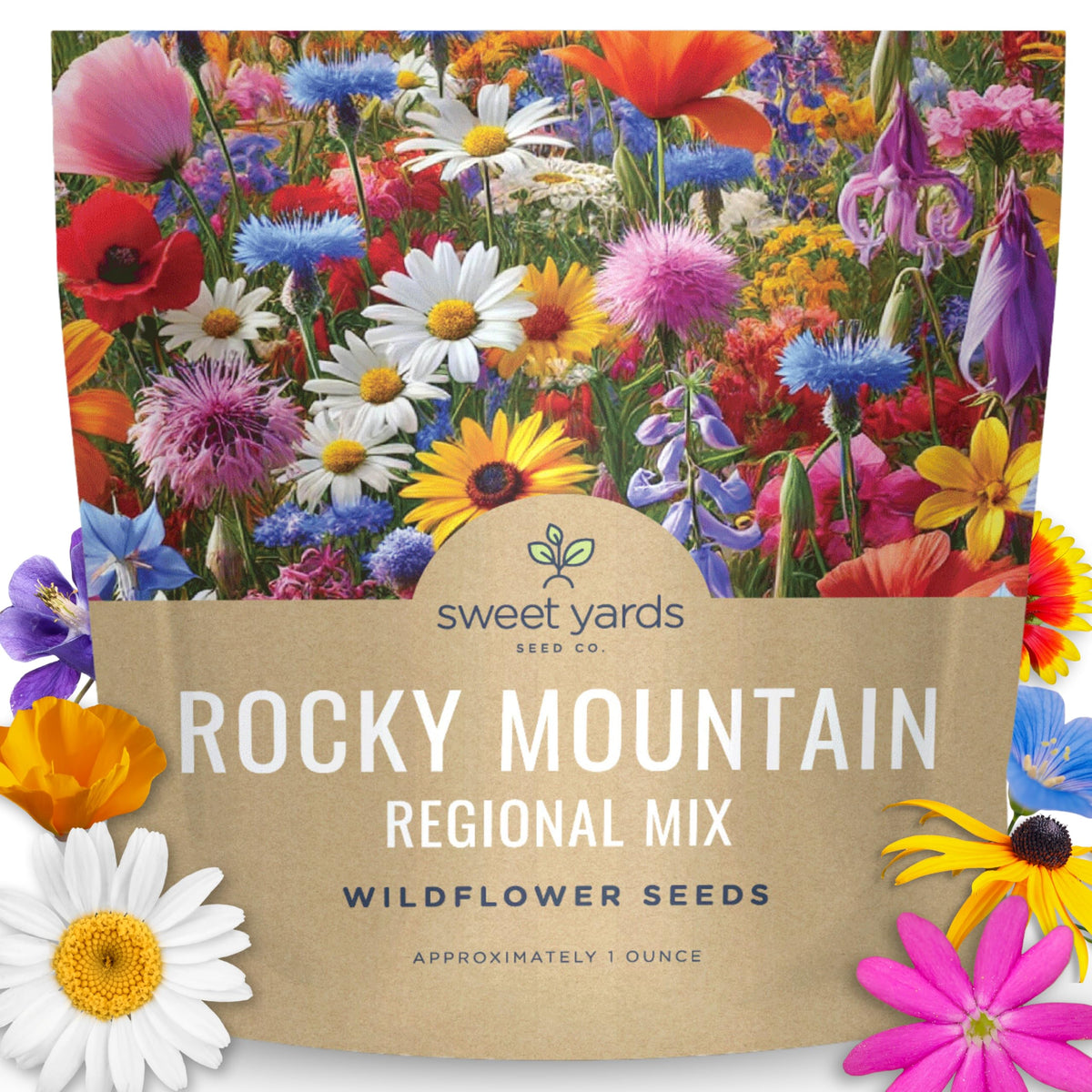 Sweet Yards Rocky Mountain Regional Mix 1oz seed packet front for easy large-area sowing.