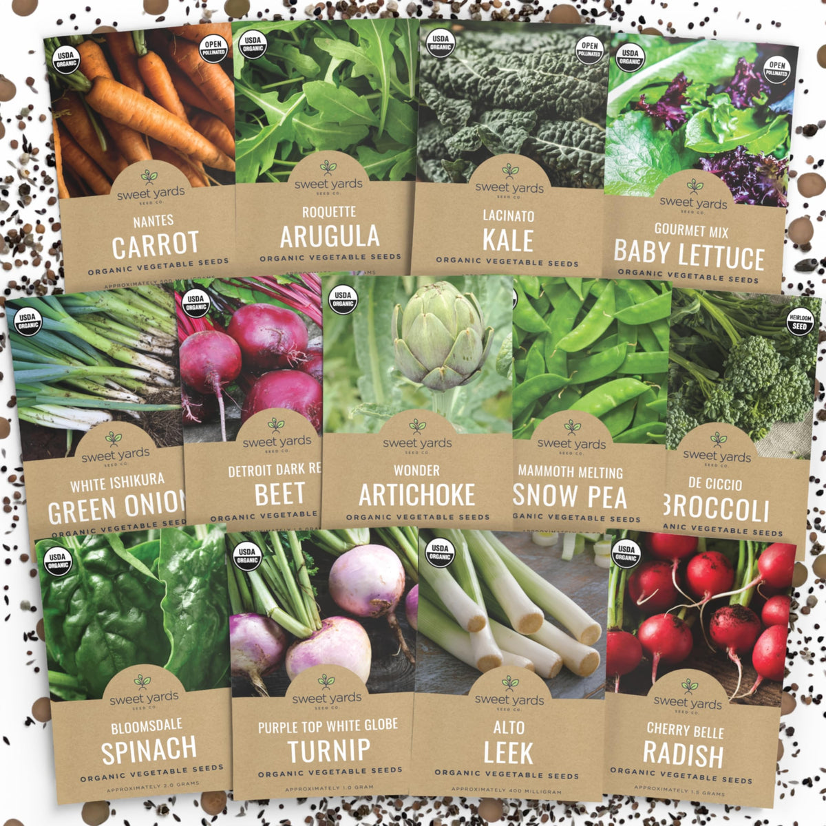 Sweet Yards Organic Cool Weather Seed Pack front view for spring and fall planting.