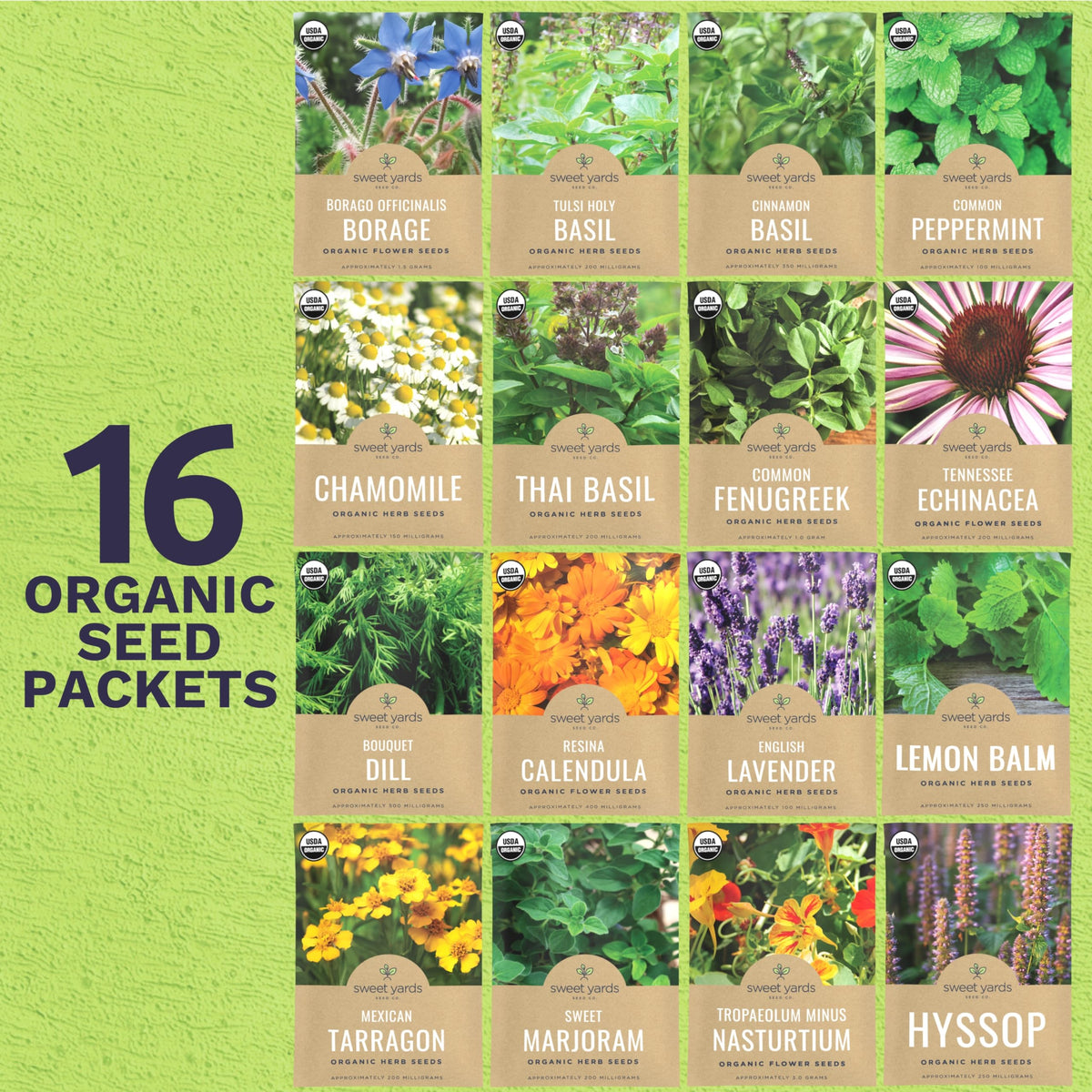 Sweet Yards Sixteen Seed Packets Display ready-to-grow packets for a productive garden.