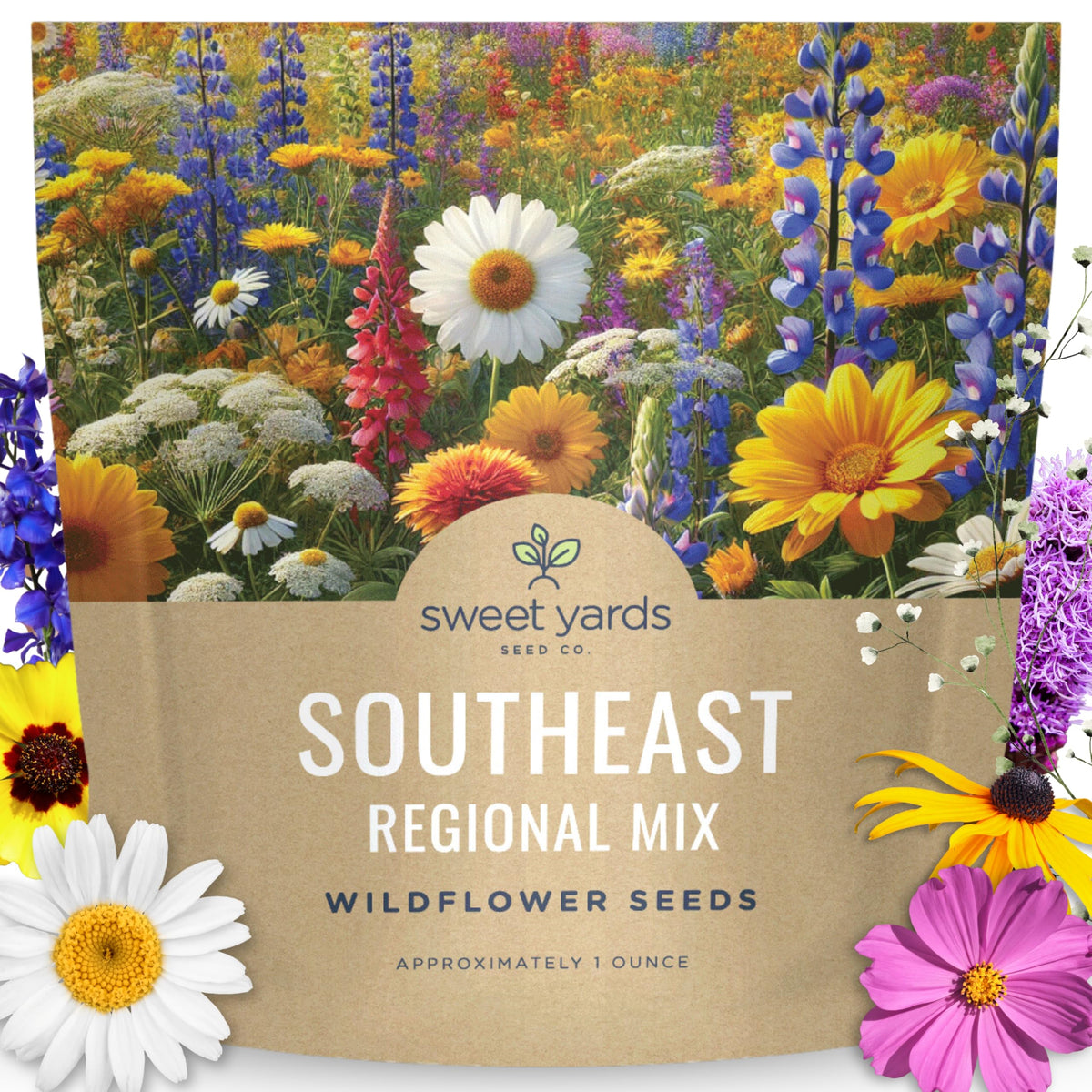 Sweet Yards Southeast Regional Mix 1-ounce packet ready for planting in a pollinator-friendly garden.