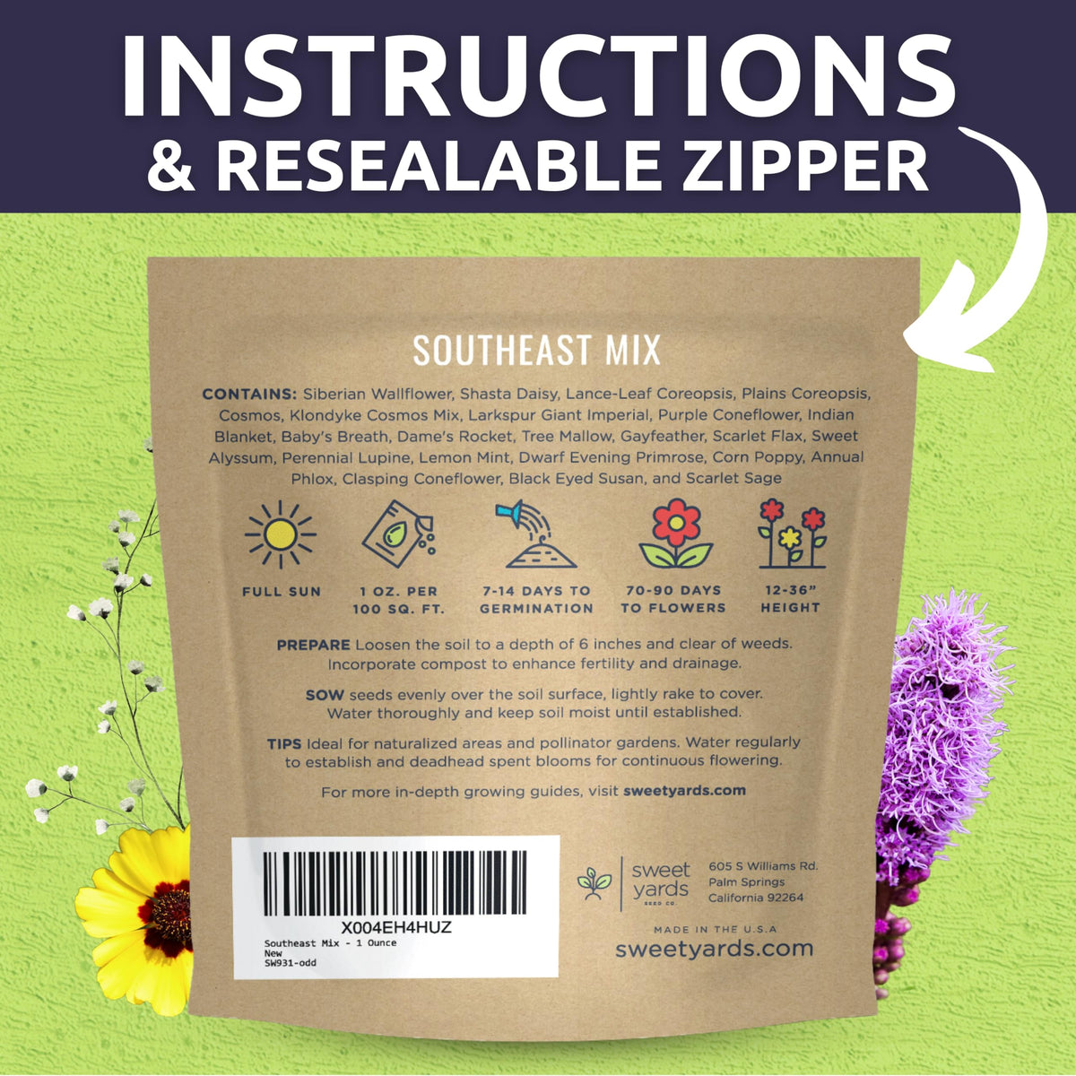Sweet Yards premium packaging with zipper pouch and planting guide for easy storage.