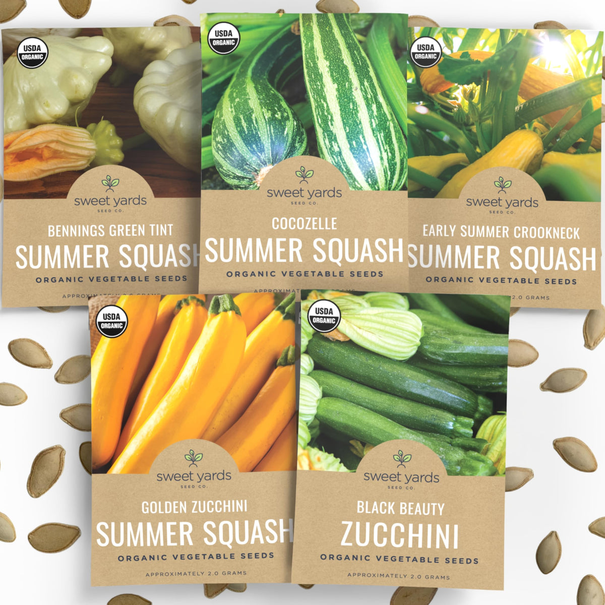 Sweet Yards summer squash variety pack box open showing diverse seed packets for a rewarding garden harvest