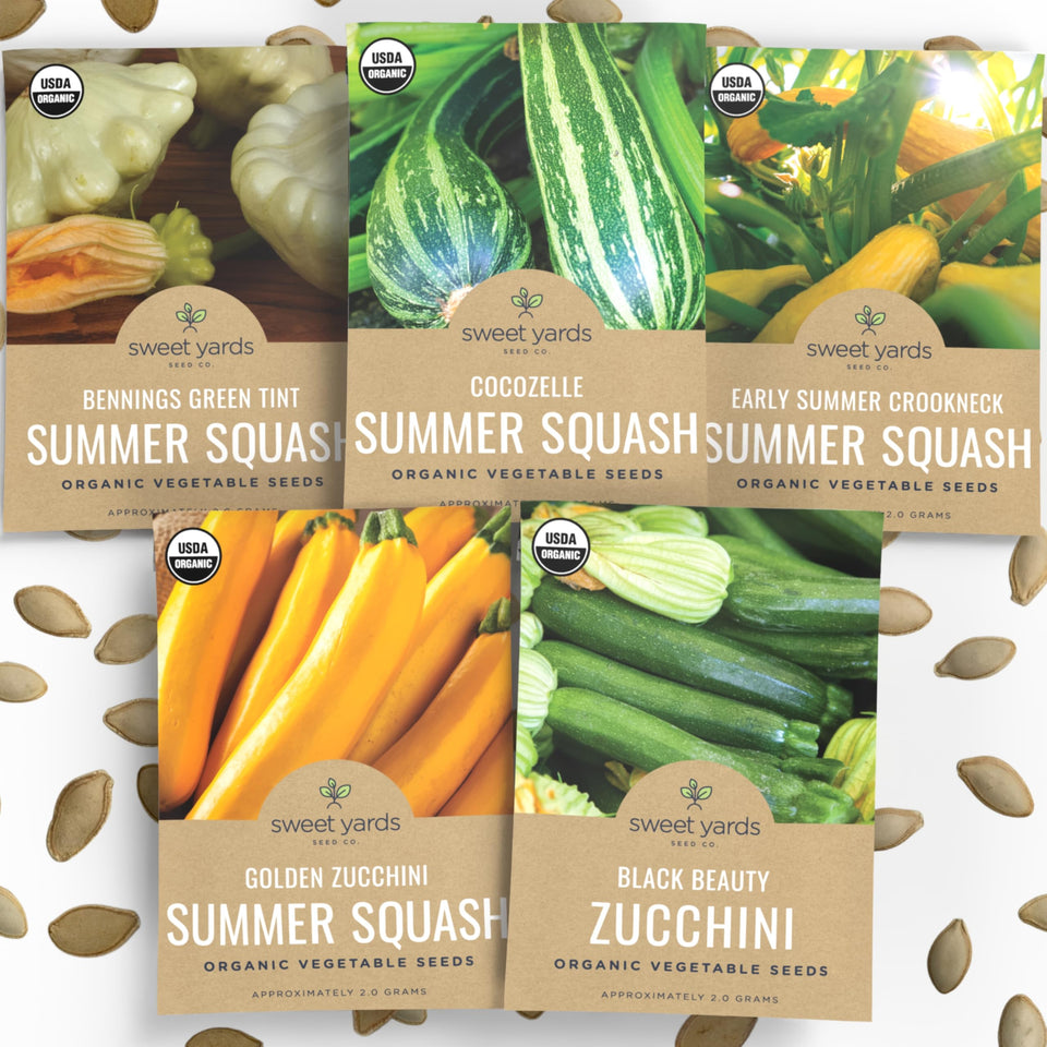 Sweet Yards summer squash variety pack box open showing diverse seed packets for a rewarding garden harvest