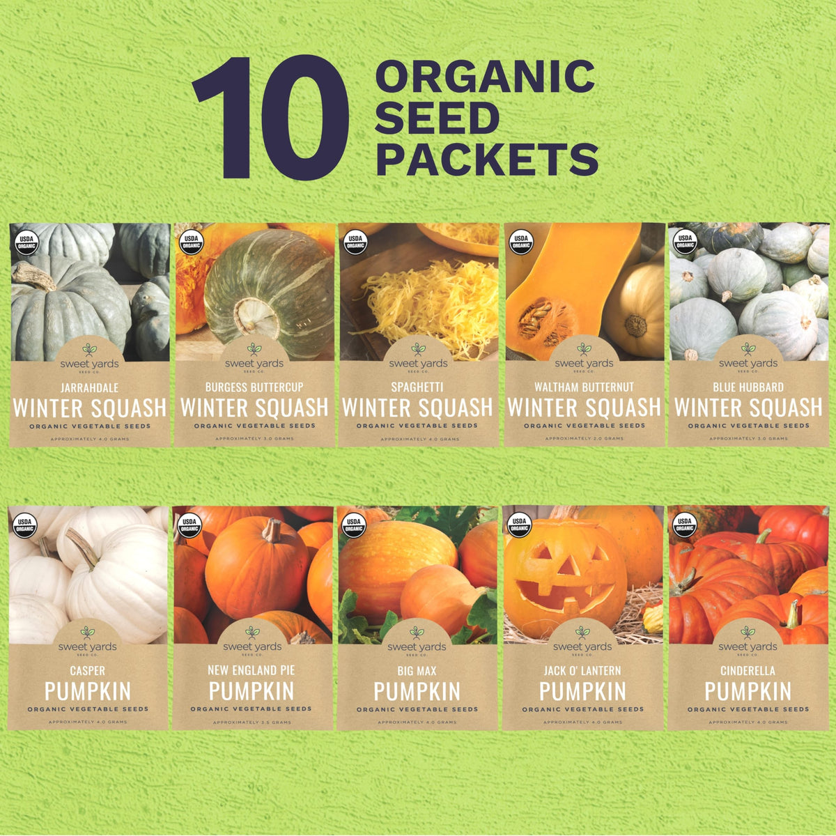 Sweet Yards ten individual seed packets arranged for easy garden planning.