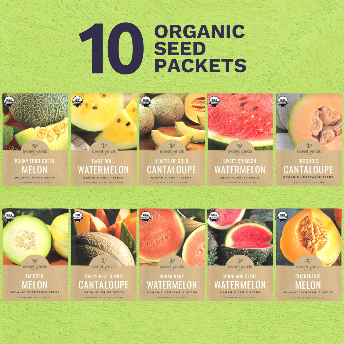 Sweet Yards ten seed packets collection with clear labels.