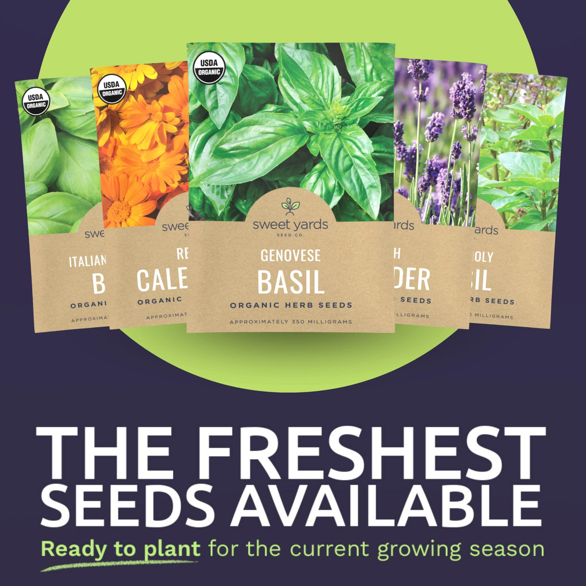 Sweet Yards assorted herb seed packets on table for diverse home garden