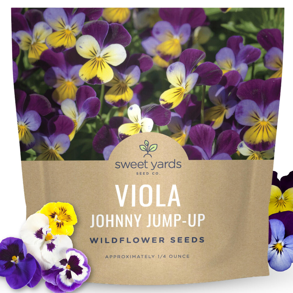 Sweet Yards Viola Johnny Jump-Up packet close-up for vibrant borders.