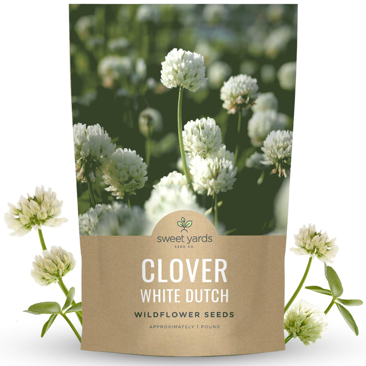 Sweet Yards White Dutch Clover seeds in packaging, ideal for lawn replacement and pollinator gardens.