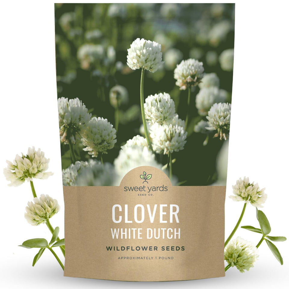 Sweet Yards White Dutch Clover seeds in packaging, ideal for lawn replacement and pollinator gardens.