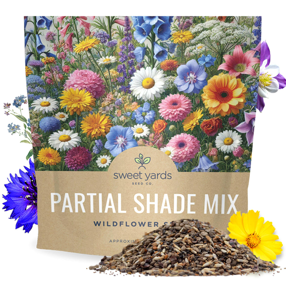 Sweet Yards partial shade wildflower seed mix packet ready for shade gardens