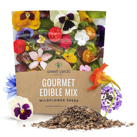 Sweet Yards Wildflower Seeds Edible Flowers Mix seed packet front, one-ounce content for 100 sq ft garden