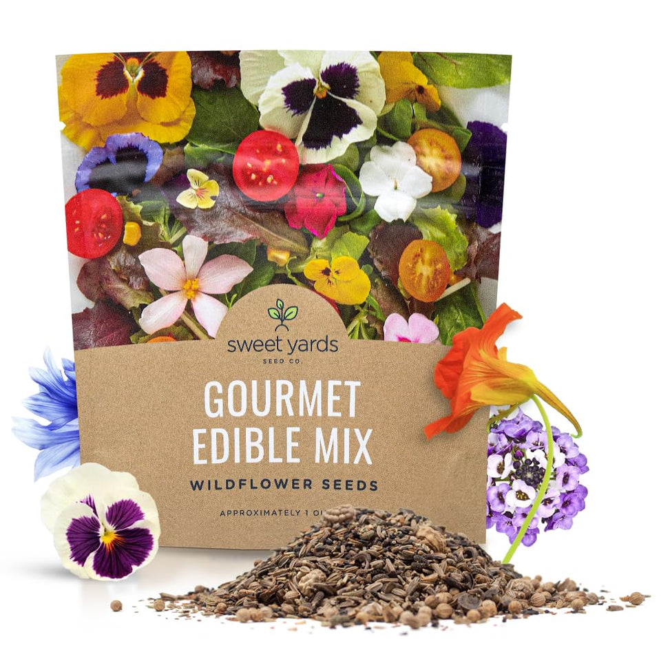 Sweet Yards Wildflower Seeds Edible Flowers Mix seed packet front, one-ounce content for 100 sq ft garden