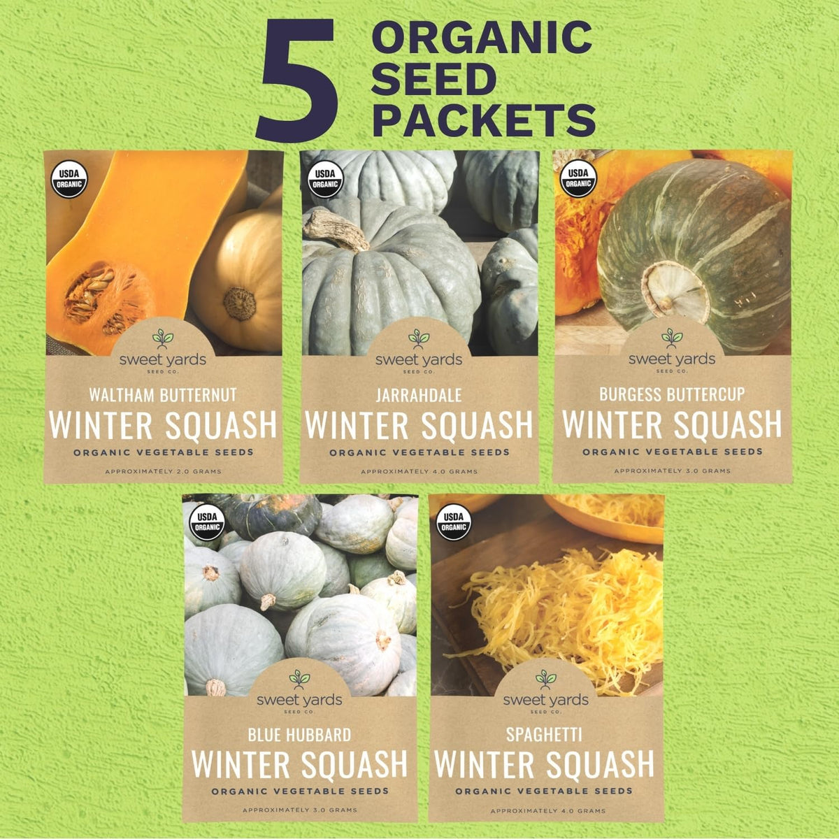 Sweet Yards five seed packets collection ready for spring planting.