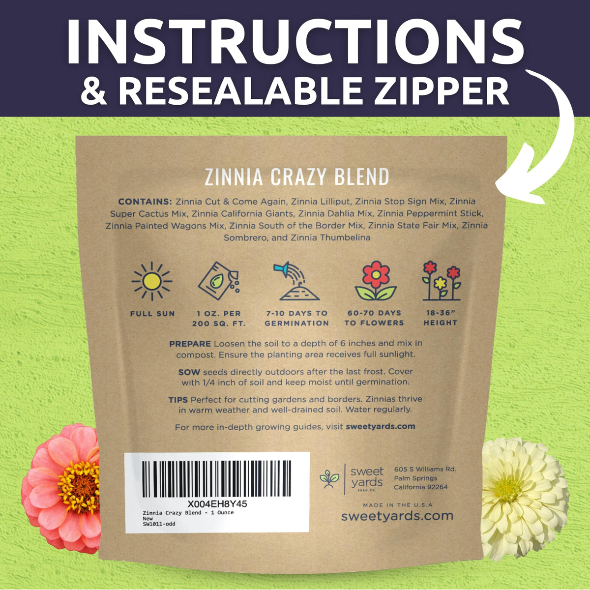 Sweet Yards Zinnia Crazy Blend ideal for cutting garden bouquets