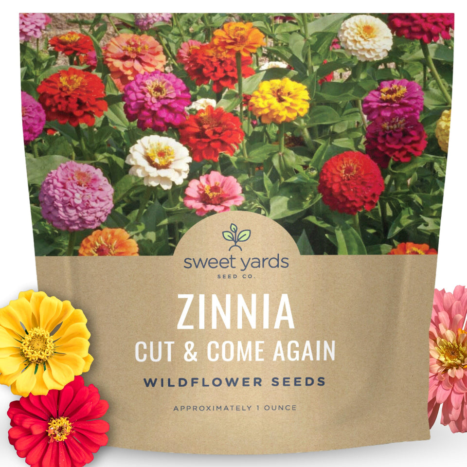 Sweet Yards Zinnia Cut & Come Again Mix—vibrant multi-color blooms for cutting gardens.
