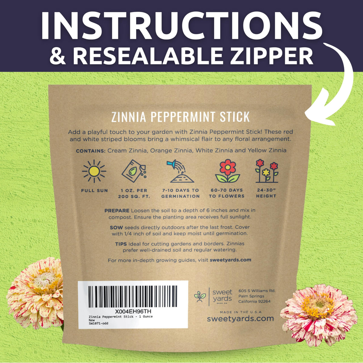 Sweet Yards Zinnia Peppermint Stick cut flowers with peppermint-striped petals