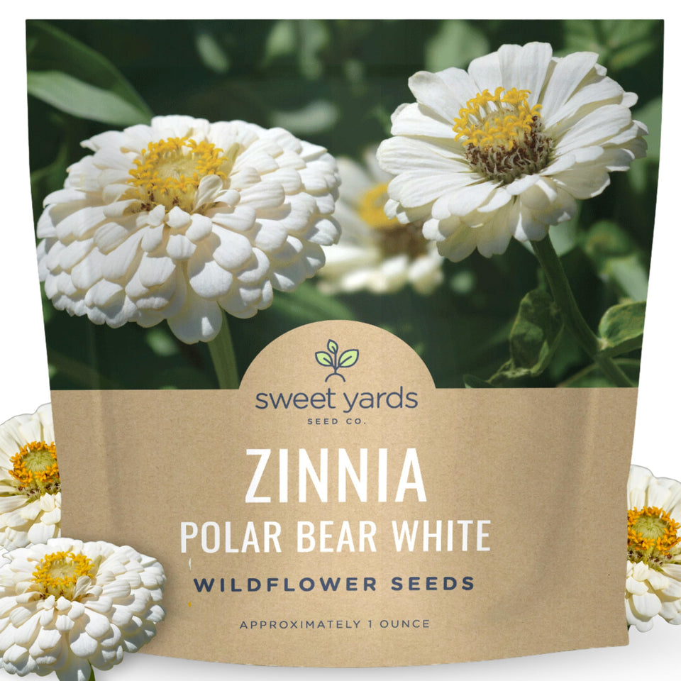 Sweet Yards Zinnia Polar Bear White seed packet ready for sunlit planting.