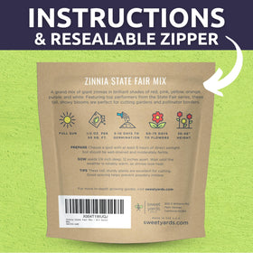 Sweet Yards Zinnia State Fair Mix packaging with reusable zipper for storage and gifting