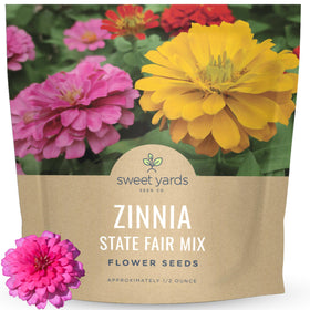 Sweet Yards Zinnia State Fair Mix seed packet front view for vibrant color variety and easy planting