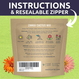 SWEET YARDS Zinnia Super Cactus color range brightens borders with long lasting bouquets.