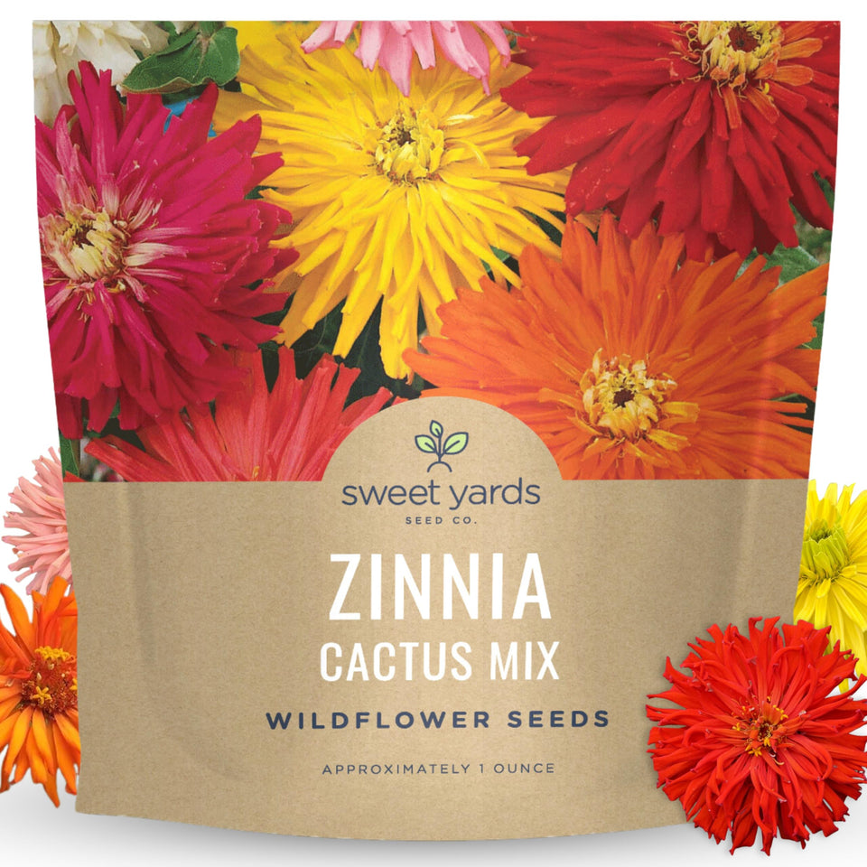 SWEET YARDS Zinnia Super Cactus seed packet with growing instructions for easy starting seeds.