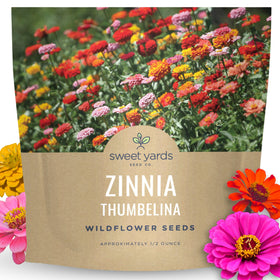 SWEET YARDS Zinnia Thumbelina Mix seed packet close-up for vibrant color and easy garden planning.