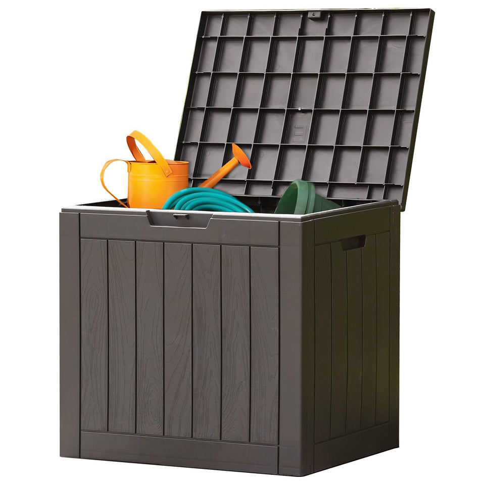 Sweetcrispy deck box with 31-gallon capacity for patio storage and bulky items