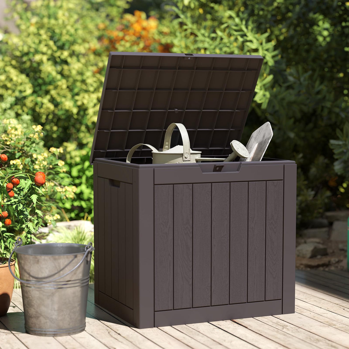Sweetcrispy deck box lid opens to 100 degrees for easy access