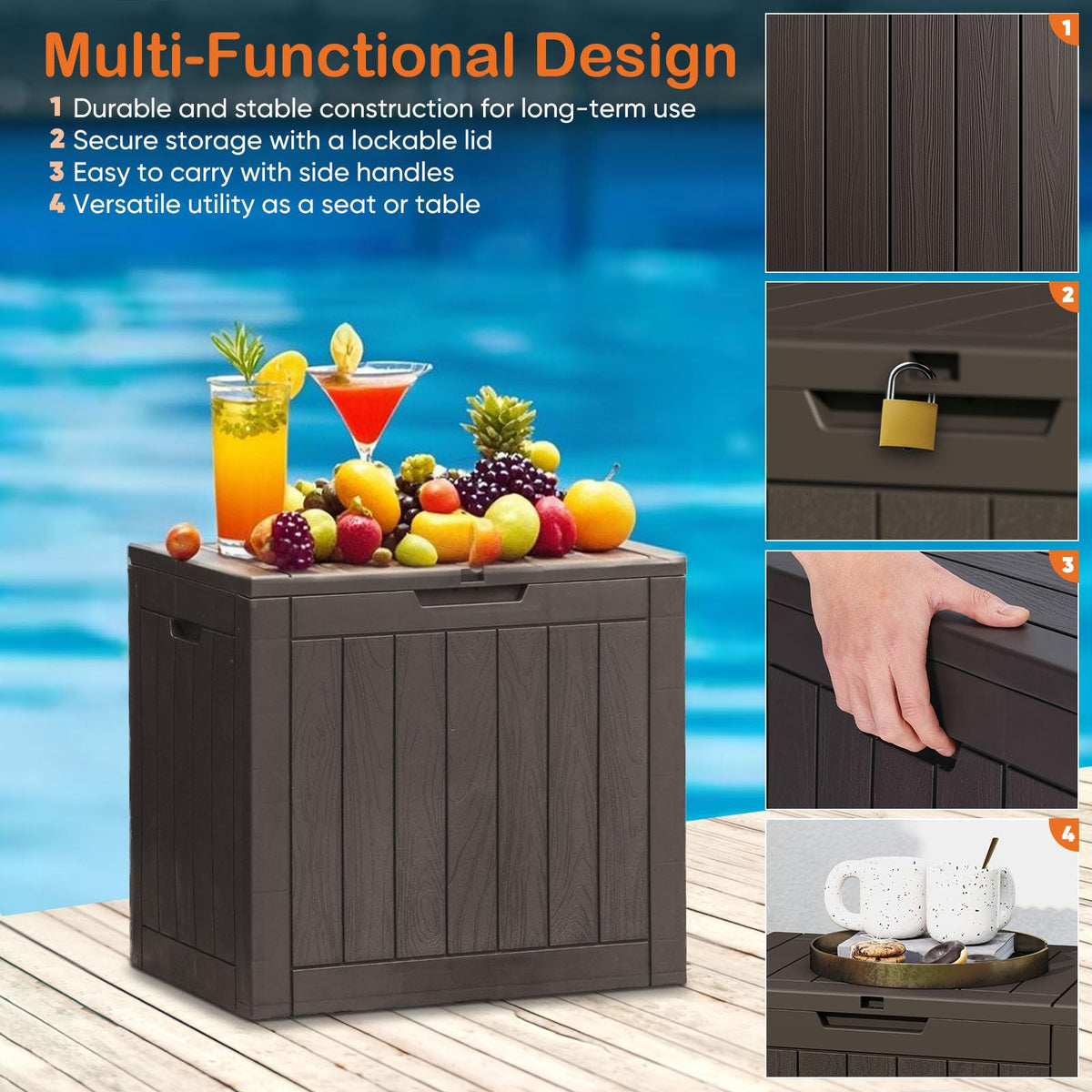 Sweetcrispy deck box in weatherproof resin protects contents from weather