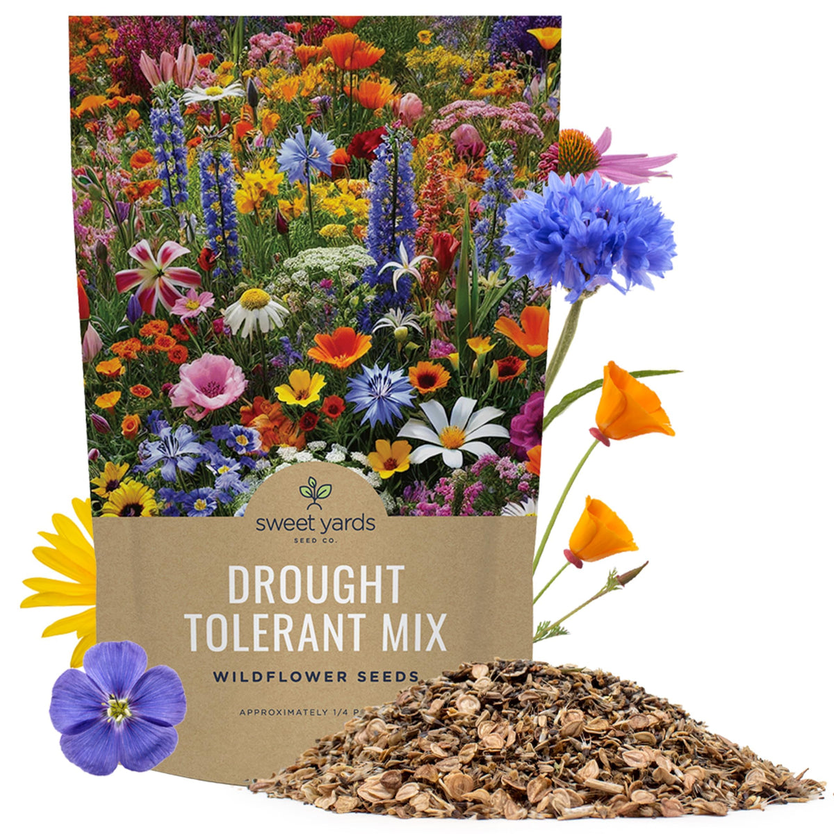 Sweet Yards bulk quarter-pound seed bag featuring drought-tolerant wildflower mix.