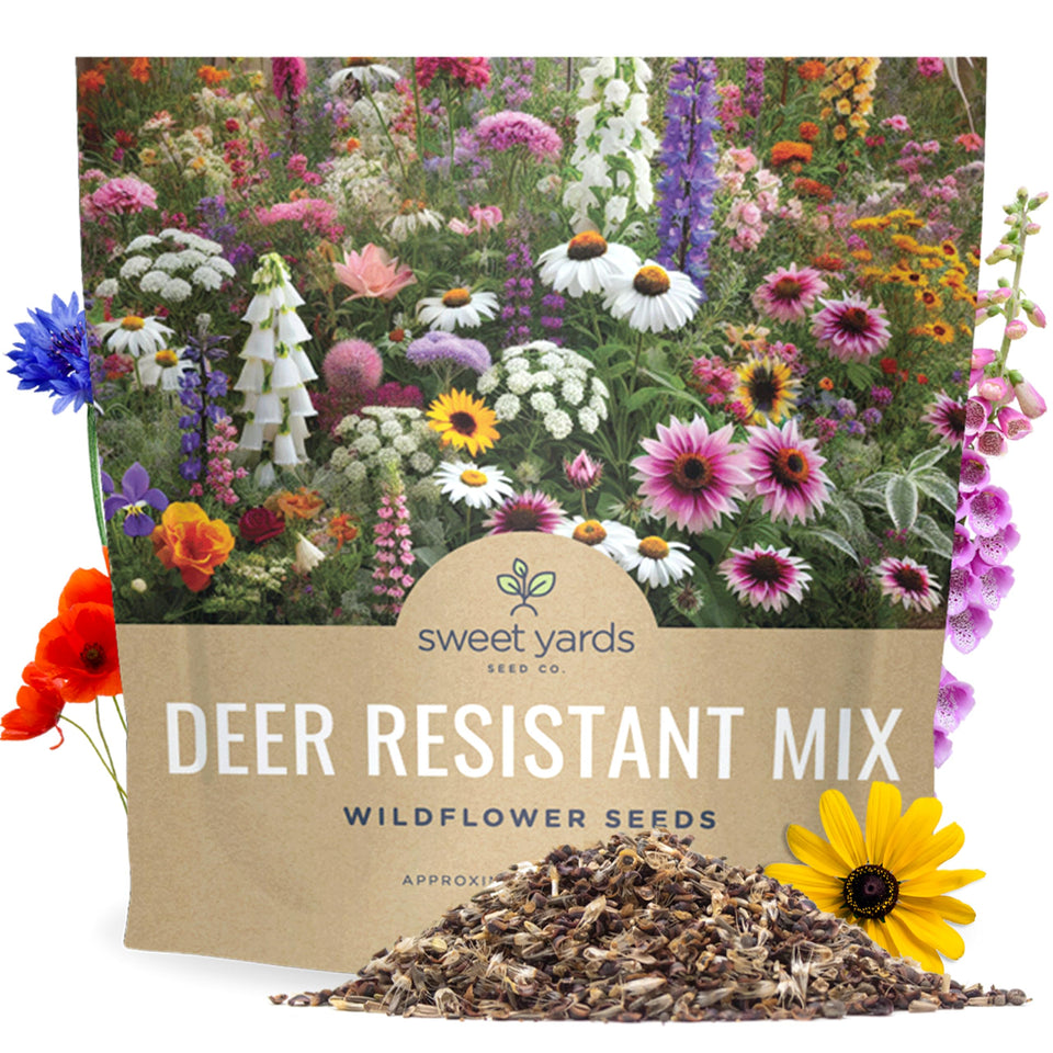 SWEET YARDS deer-resistant wildflower mix, packet front view, ready to plant for quick sowing
