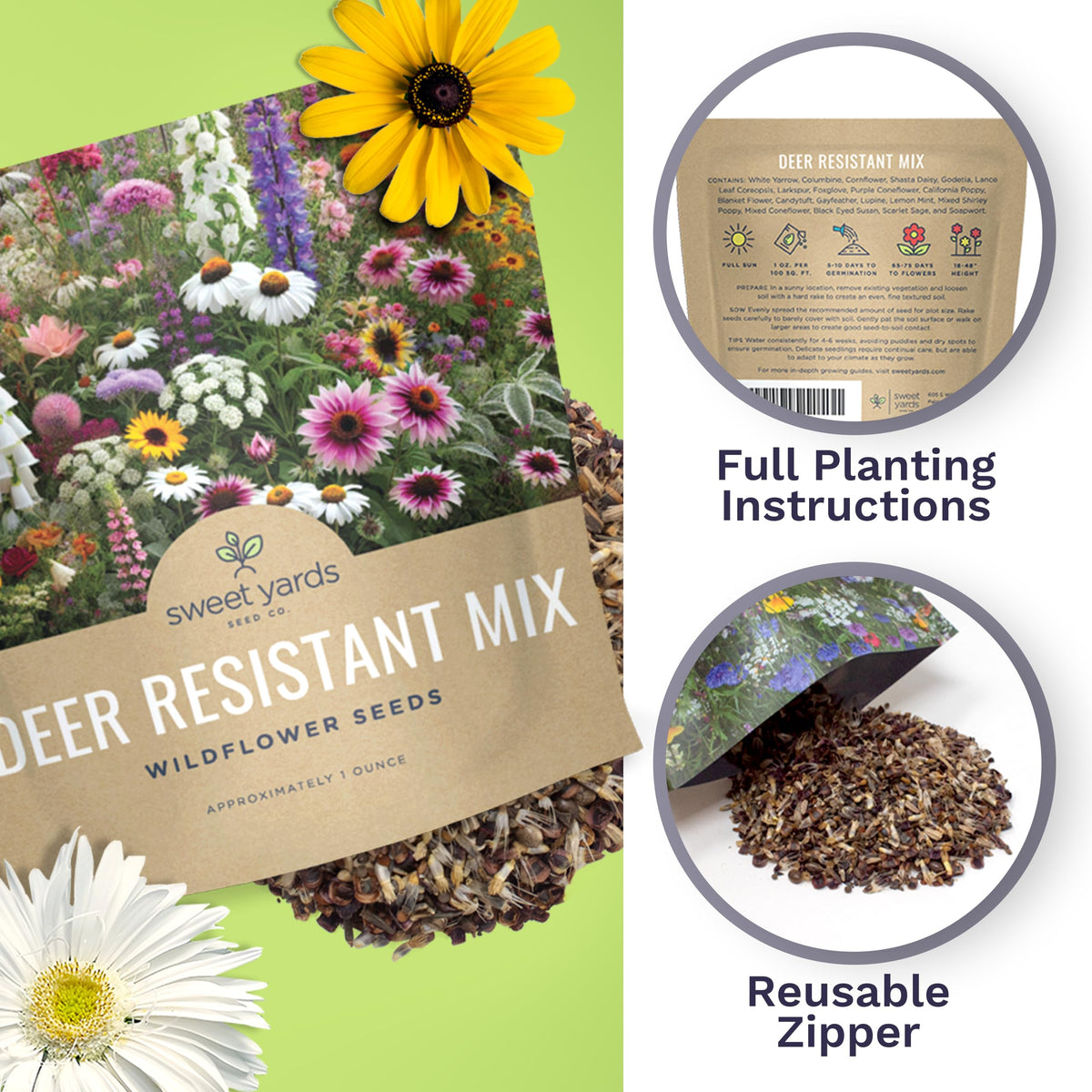 SWEET YARDS non-GMO seeds packaging highlights quality